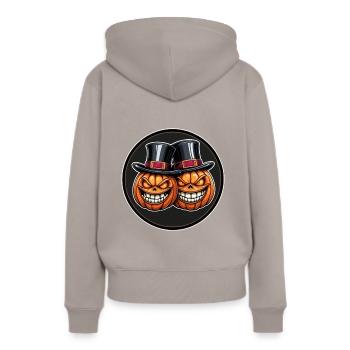 Zwei grinsende Halloweenkürbisse mit Zylinder - Frauen Premium Bio Hoodie - Taupe - Hinten - Julia (174cm)