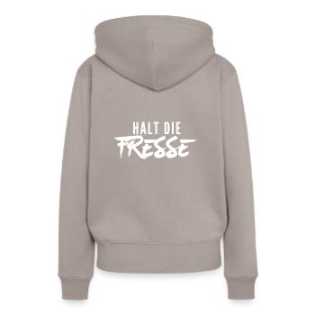 halt die fresse - Frauen Premium Bio Hoodie - Taupe - Hinten - Julia (174cm)