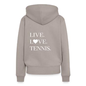 Live. L'amour. Tennis. - Sweat à capuche Premium bio Femme - taupe - Dos - Julia (174cm)