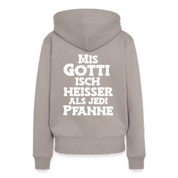 Mis Gotti isch heisser als jede Pfanne Patentante - Frauen Premium Bio Hoodie - Taupe - Hinten - Julia (174cm)