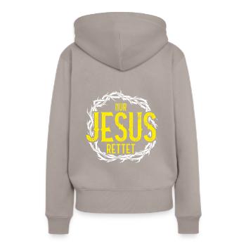 jesus rettet - Frauen Premium Bio Hoodie - Taupe - Hinten - Julia (174cm)