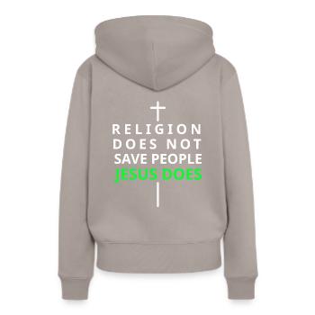 Jésus vous sauve - Sweat à capuche Premium bio Femme - taupe - Dos - Julia (174cm)