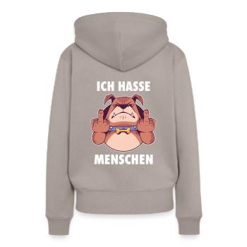 Ich hasse Menschen - Frauen Premium Bio Hoodie - Taupe - Hinten - Julia (174cm)