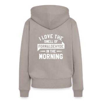 J’adore l’odeur du formaldéhyde le matin - Sweat à capuche Premium bio Femme - taupe - Dos - Julia (174cm)