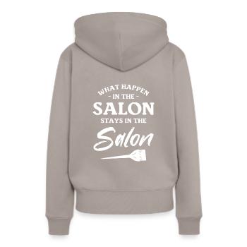 Ce qui se passe dans le salon reste dans le salon - Sweat à capuche Premium bio Femme - taupe - Dos - Julia (174cm)