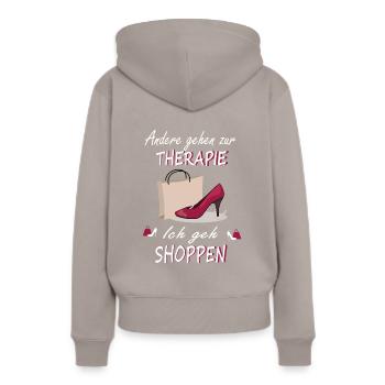 Shoppen Shopping Therapie Spruch Einkauf Design - Frauen Premium Bio Hoodie - Taupe - Hinten - Julia (174cm)