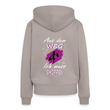 Ich muss Shoppen- Shopping Spruch Design - Frauen Premium Bio Hoodie - Taupe - Hinten - Julia (174cm)