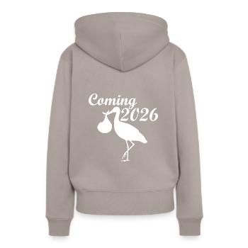 Announcement 2026 with stork motif - Women’s Premium Organic Hoodie - taupe - Back - Julia (174cm)