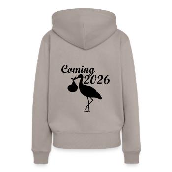 Storch Silhouette Coming 2026 - Frauen Premium Bio Hoodie - Taupe - Hinten - Julia (174cm)