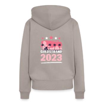 Goldstrand 2023 - Frauen Premium Bio Hoodie - Taupe - Hinten - Julia (174cm)