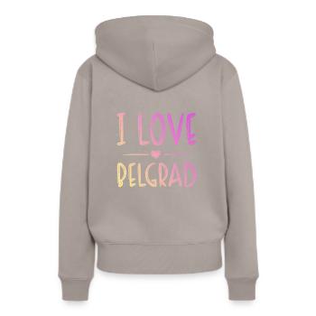 J’aime Belgrade - Sweat à capuche Premium bio Femme - taupe - Dos - Julia (174cm)