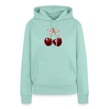 Burgunderrote Kirschen mit zartrosa Schleife - Frauen Premium Bio Hoodie - Mint  - Vorne - Julia (174cm)