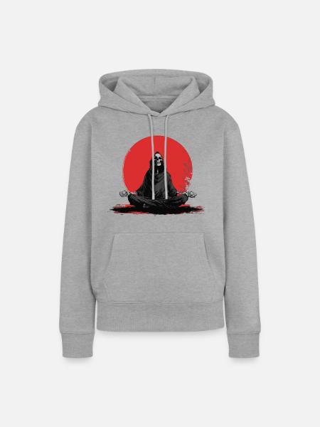 Sensenmann Meditation vor roter Sonne - Frauen Premium Bio Hoodie - Grau meliert