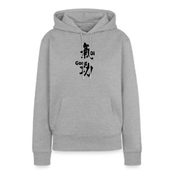 QI-Gong-Skript mit Text vertikal - Frauen Premium Bio Hoodie - Grau meliert - Vorne - Selfina (174cm)