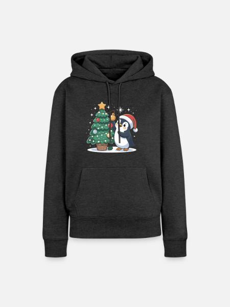 Pinguin schmückt Weihnachtsbaum - Frauen Premium Bio Hoodie - Anthrazit meliert