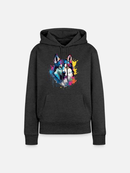 Dog Husky Bunte Spritzkunst - Frauen Premium Bio Hoodie - Anthrazit meliert