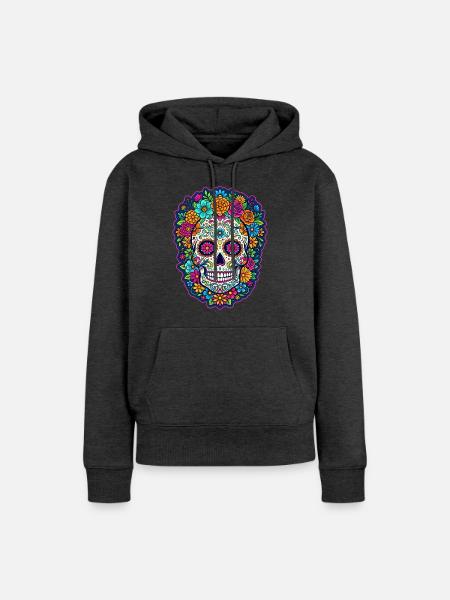 Mexikanischer Schädel, Zucker, Schädelblüten - Frauen Premium Bio Hoodie - Anthrazit meliert