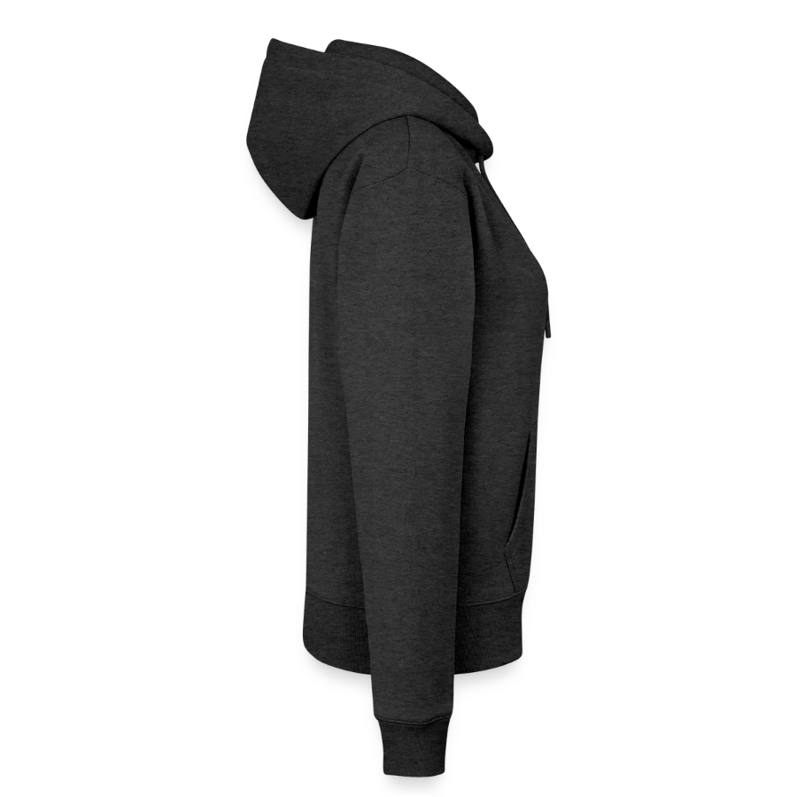 Kraken Island badge on a women’s premium organic hoodie, heather anthracite, right