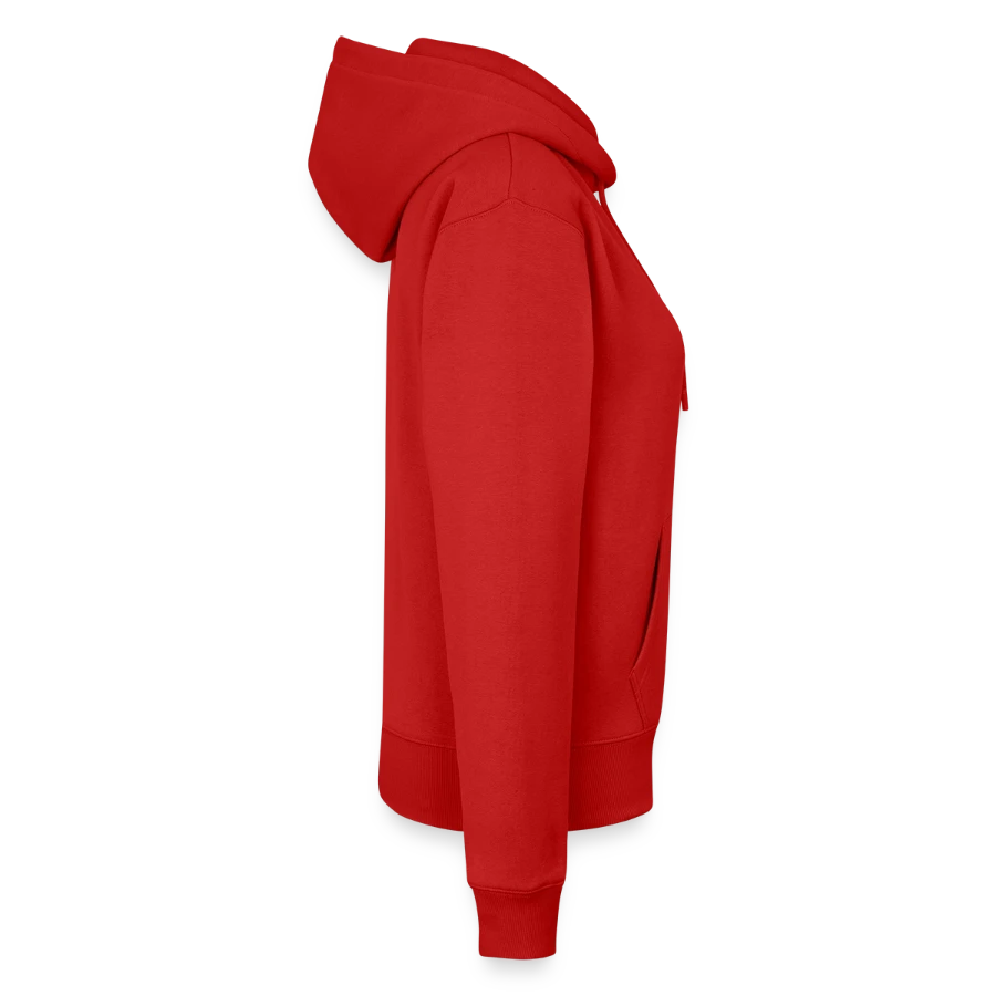 Kraken Island badge on a women’s premium organic hoodie, red, right