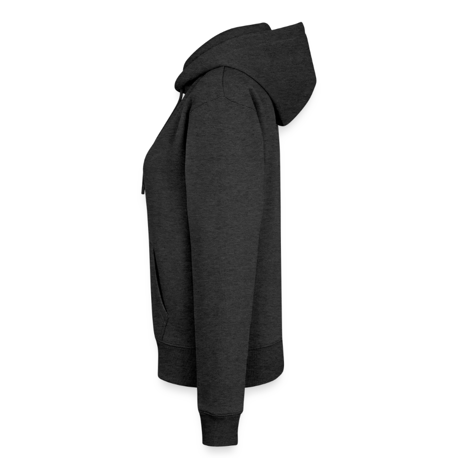 Kraken Island badge on a women’s premium organic hoodie, heather anthracite, left