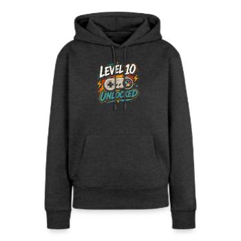 Level 10 freigeschaltetes 10-Jahres-Jubiläums-D-Geschenk - Frauen Premium Bio Hoodie - Anthrazit meliert - Vorne - Selfina (174cm)