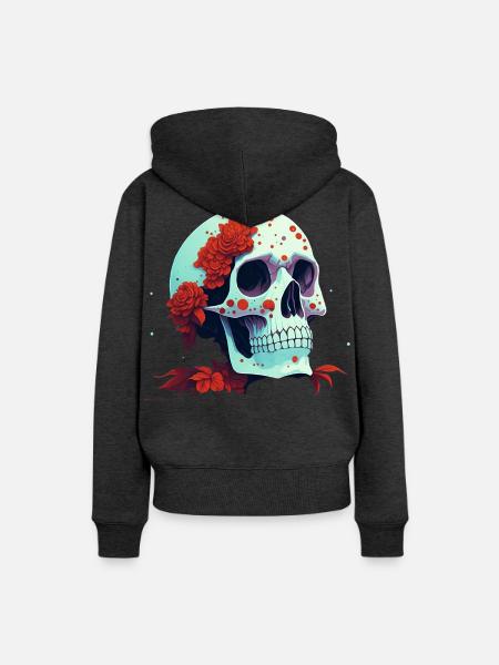 Schädel mit roten Blumen - Frauen Premium Bio Hoodie - Anthrazit meliert