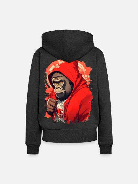 Gorilla mit rotem Hoody - Frauen Premium Bio Hoodie - Anthrazit meliert