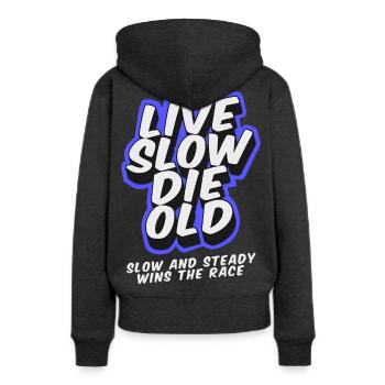 Live Slow Die Old - LSDO - Sweat à capuche Premium bio Femme - anthracite chiné - Dos - Selfina (174cm)