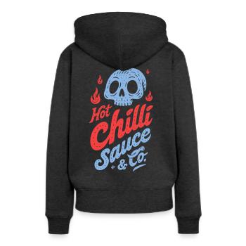 Design de la sauce piment Blue Skull - Sweat à capuche Premium bio Femme - anthracite chiné - Dos - Selfina (174cm)