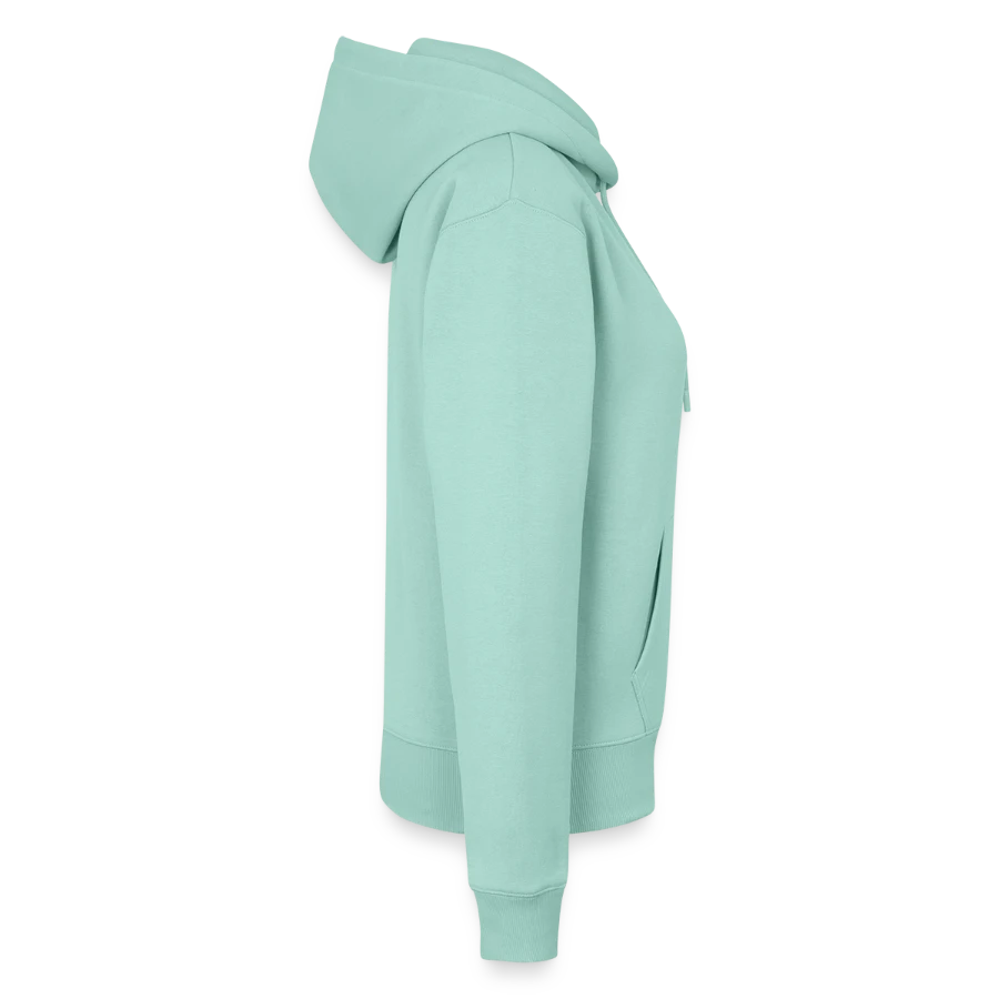 Mount Olympus badge on a women’s premium organic hoodie, mint , right