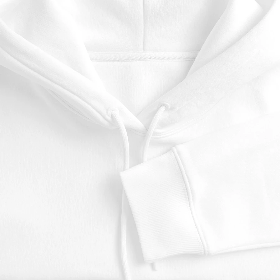 Salt Harbour badge on a women’s premium organic hoodie, white, close-up