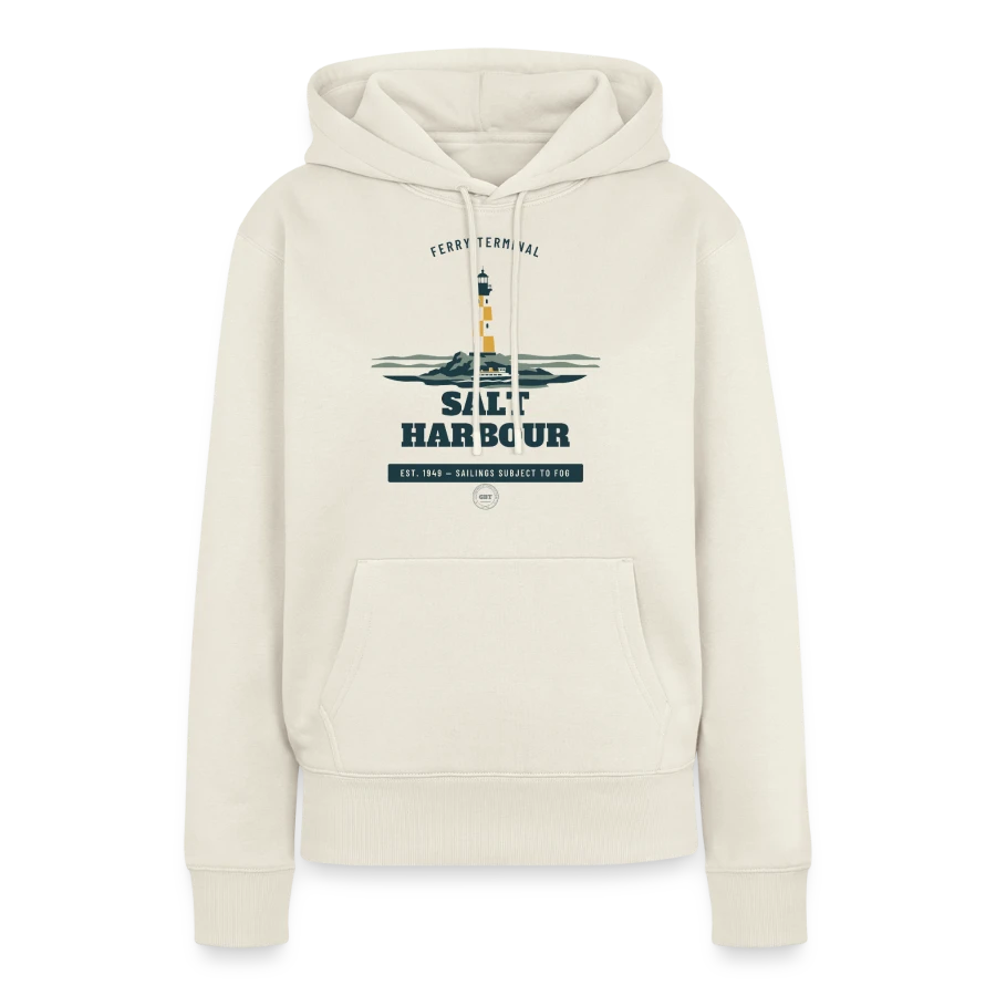 Salt Harbour badge on a women’s premium organic hoodie, off white, front