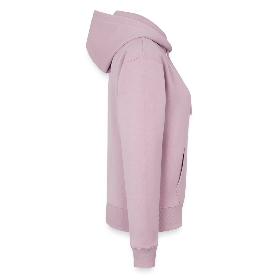 Salt Harbour badge on a women’s premium organic hoodie, dusky pink, right