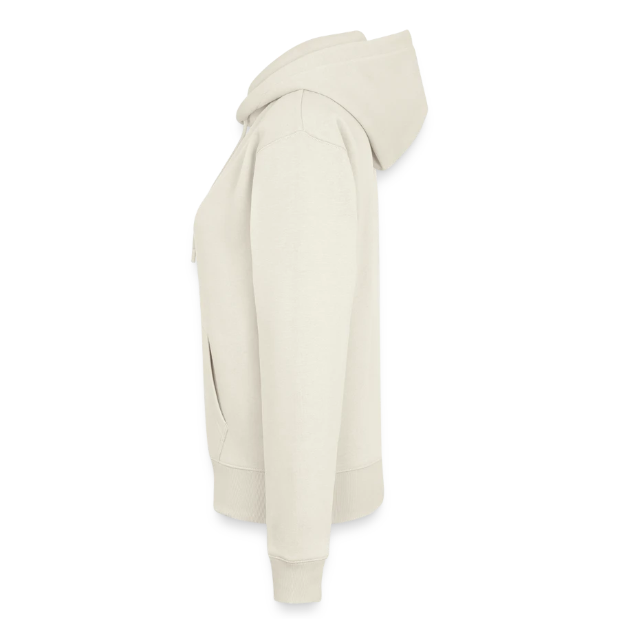Salt Harbour badge on a women’s premium organic hoodie, off white, left