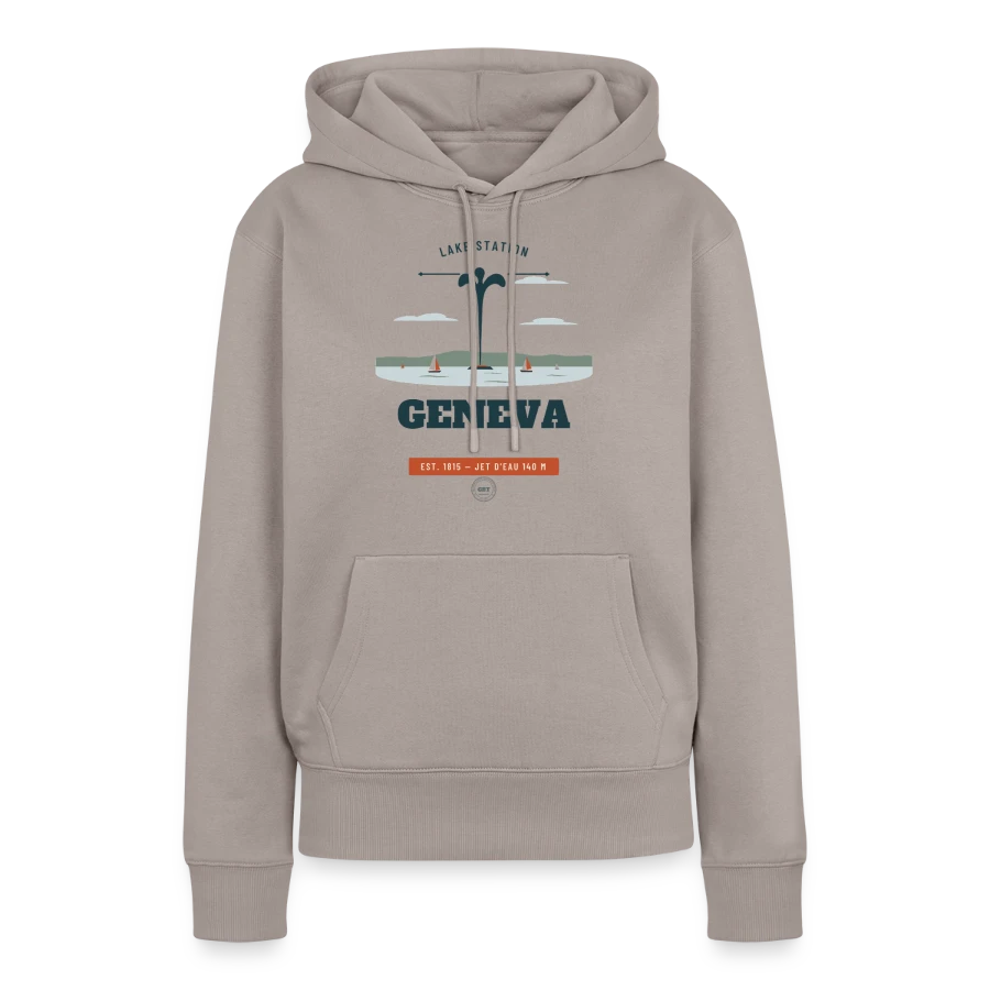 Geneva badge on a women’s premium organic hoodie, taupe