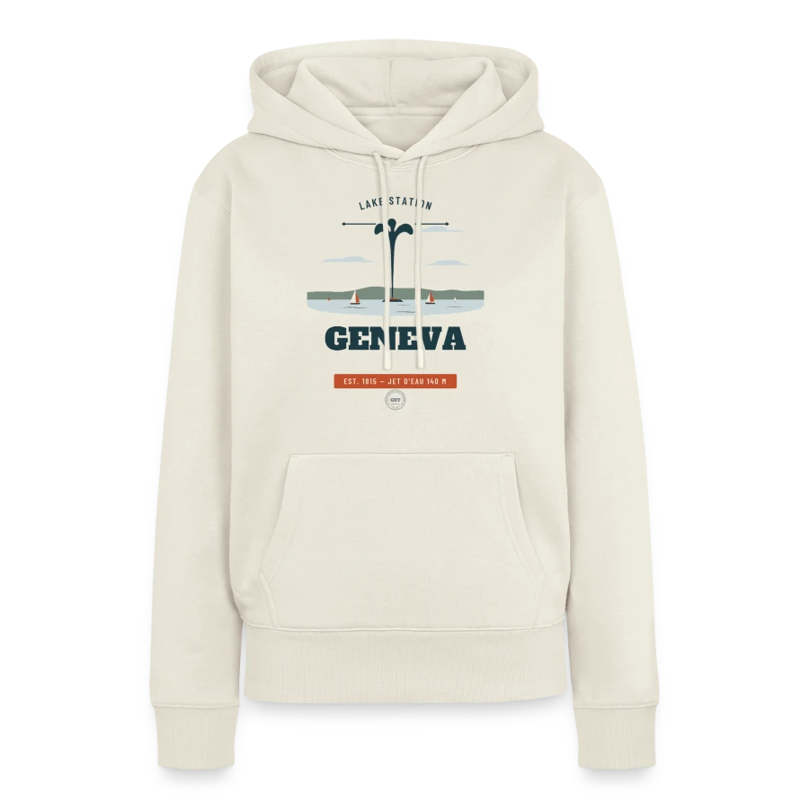 Geneva badge on a women’s premium organic hoodie, off white