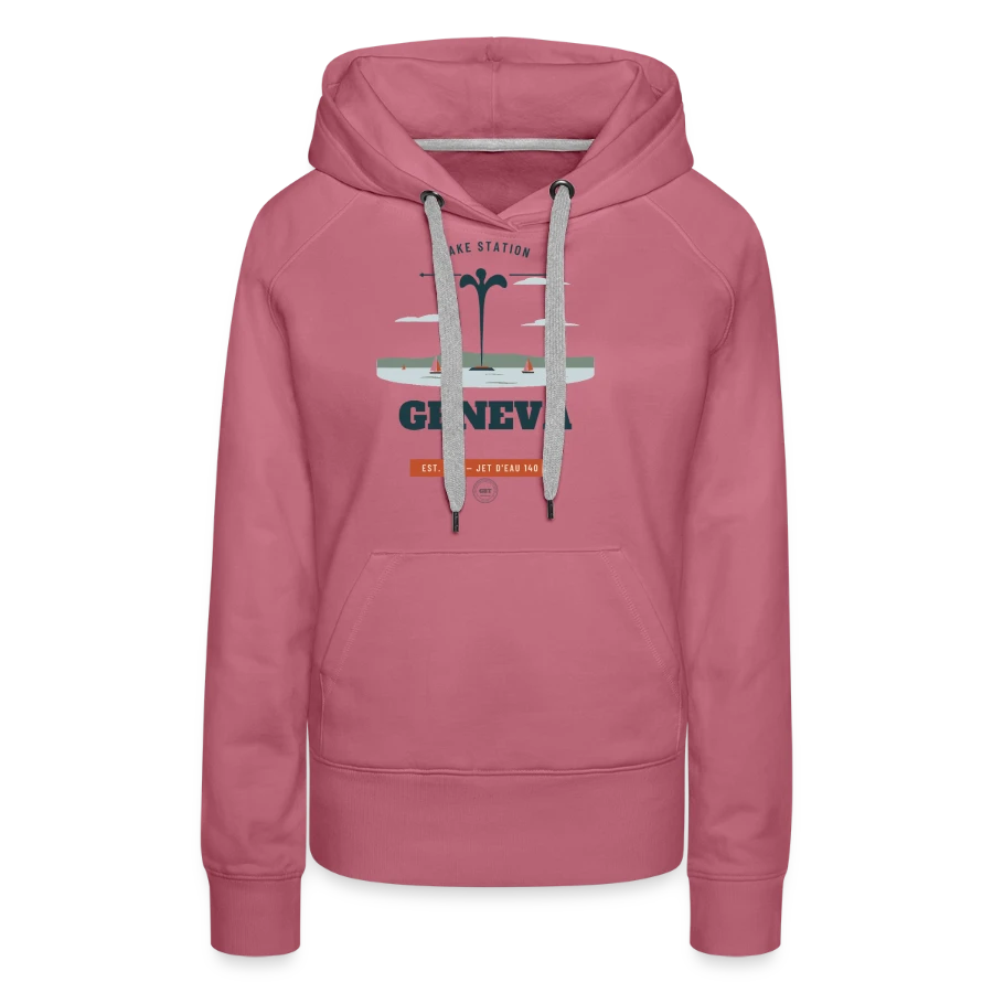 Geneva badge on a women’s premium organic hoodie, mauve