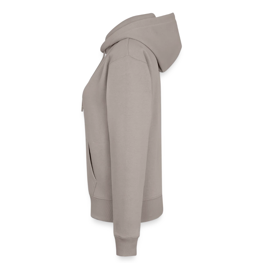 Kraken Island badge on a women’s premium organic hoodie, taupe, left