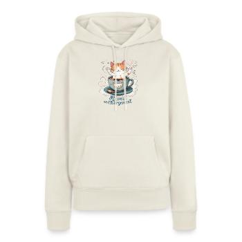 Wecker aufladen, Katzenhumor und Kaffeebecher - Frauen Premium Bio Hoodie - Naturweiß - Vorne - Selfina (174cm)