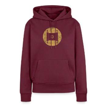 Torah scroll in a golden circle - Women’s Premium Organic Hoodie - burgundy - Front - Julia (174cm)