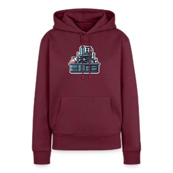 Experiment desk - Frauen Premium Bio Hoodie - Burgunderrot - Vorne - Julia (174cm)