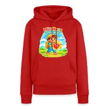  Mit Herz unterwegs - macht die Welt besser - Frauen Premium Bio Hoodie - Rot - Vorne - Julia (174cm)