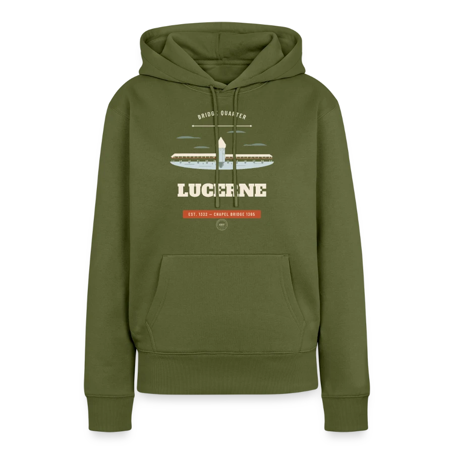 Lucerne badge on a women’s premium organic hoodie, khaki