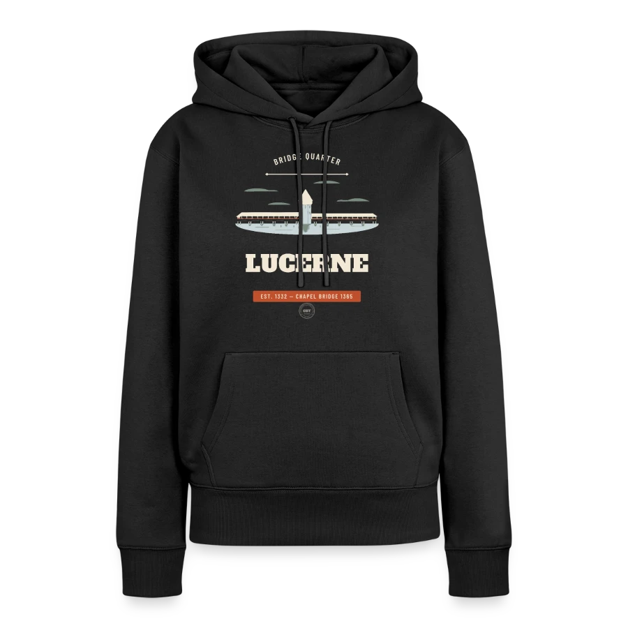 Lucerne-märke på en women’s premium organic hoodie, black