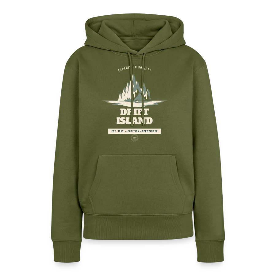 Drift Island badge on a women’s premium organic hoodie, khaki, front