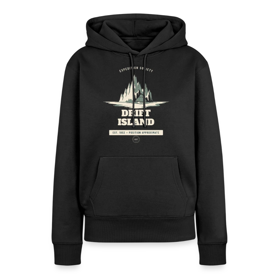 Drift Island badge on a women’s premium organic hoodie, black, front