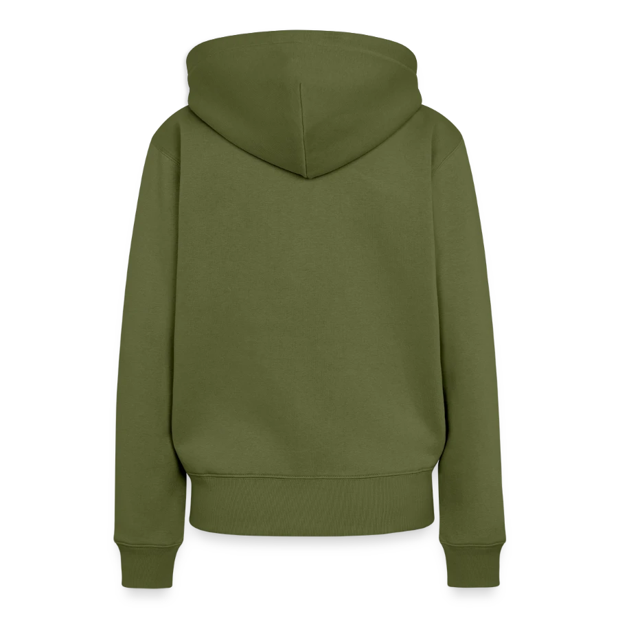 Drift Island badge on a women’s premium organic hoodie, khaki, back