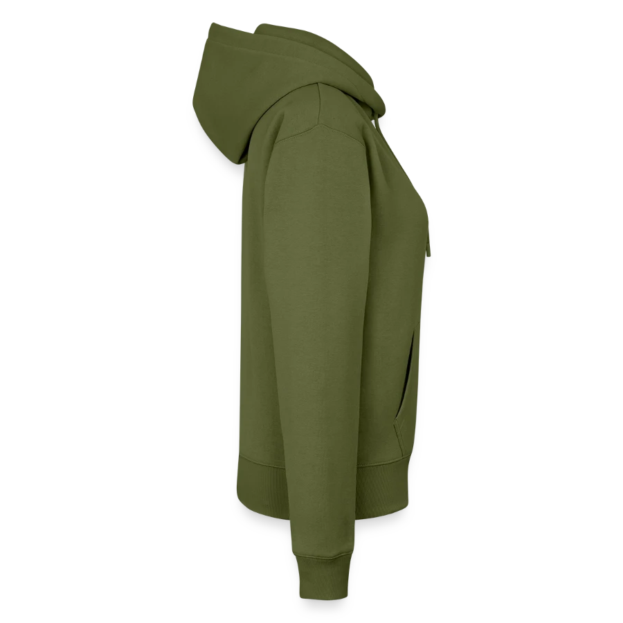 Drift Island badge on a women’s premium organic hoodie, khaki, right