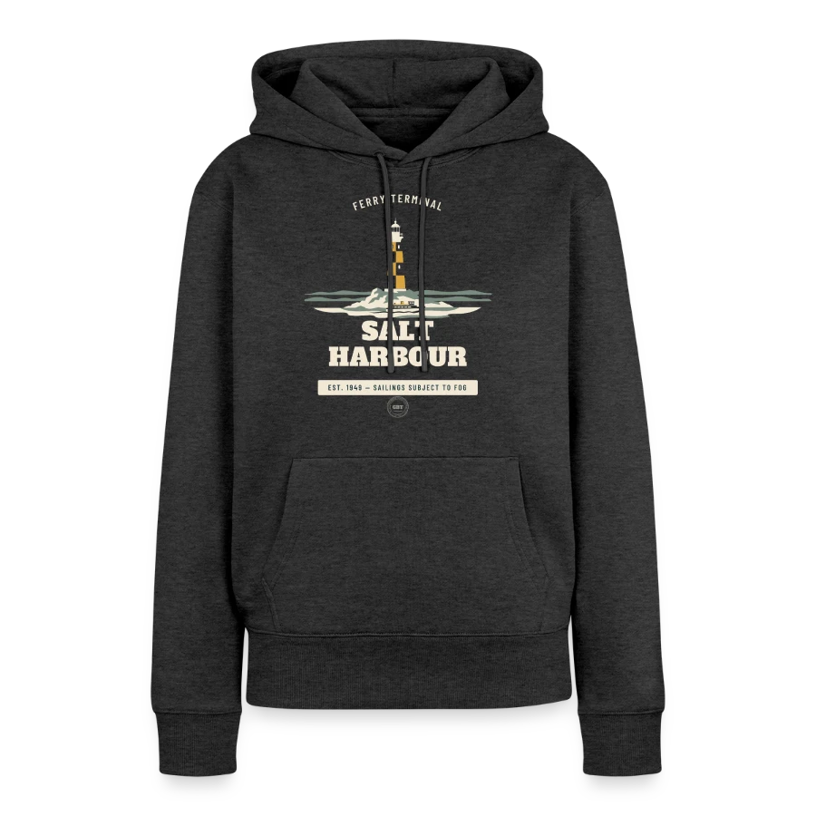 Salt Harbour badge on a women’s premium organic hoodie, heather anthracite, front
