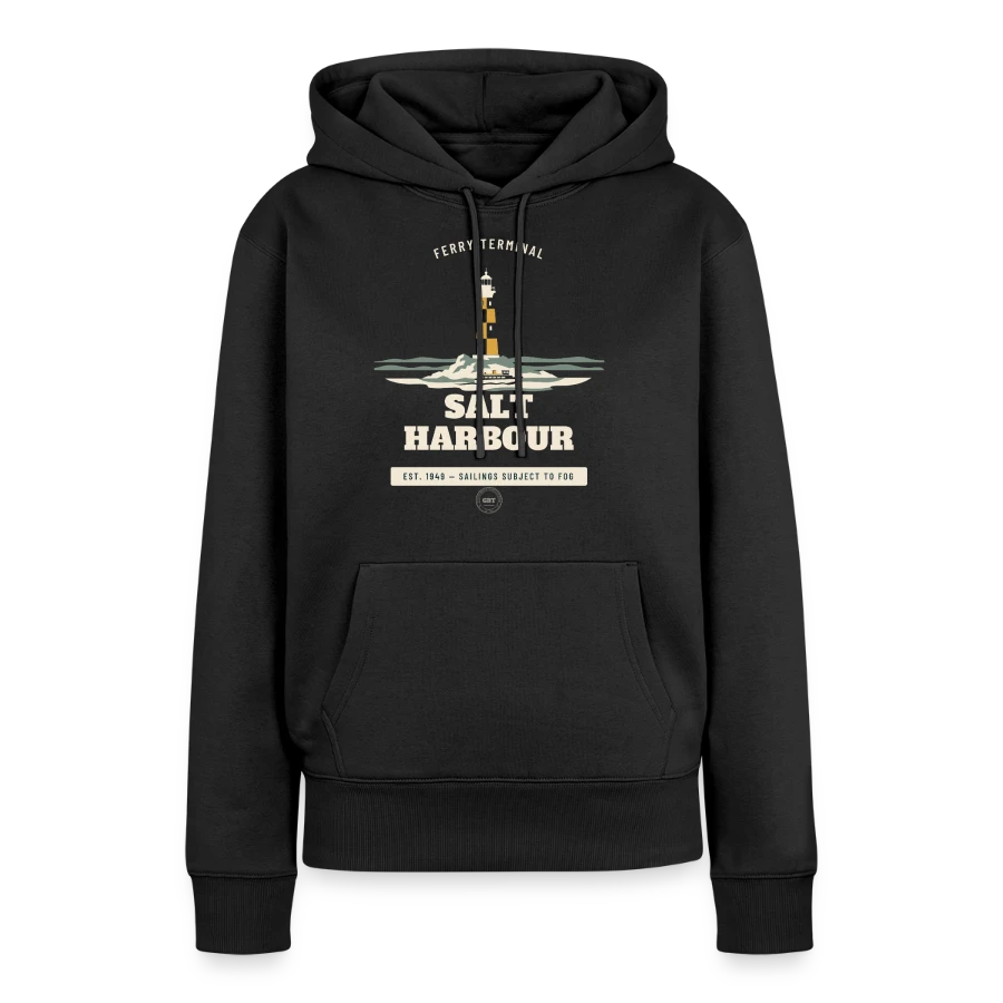 Salt Harbour badge on a women’s premium organic hoodie, black, front